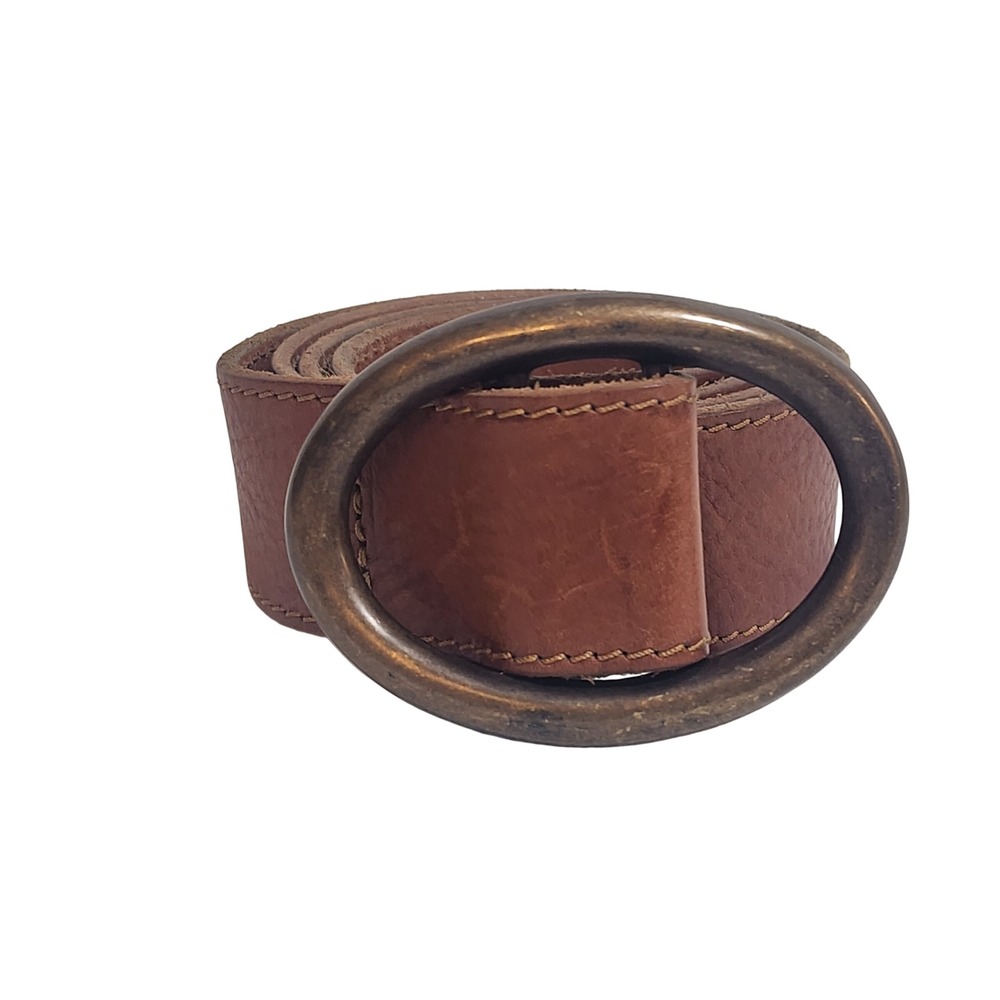 Vtg 80s GAP Belt Womens M Cowhide Leather Warm Tan Made USA Oval Brass Buckle - Picture 8 of 10